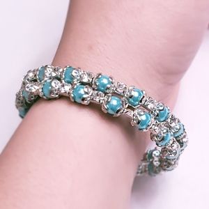 Blue Beads & Clear Rhinestones Spiral Bracelet